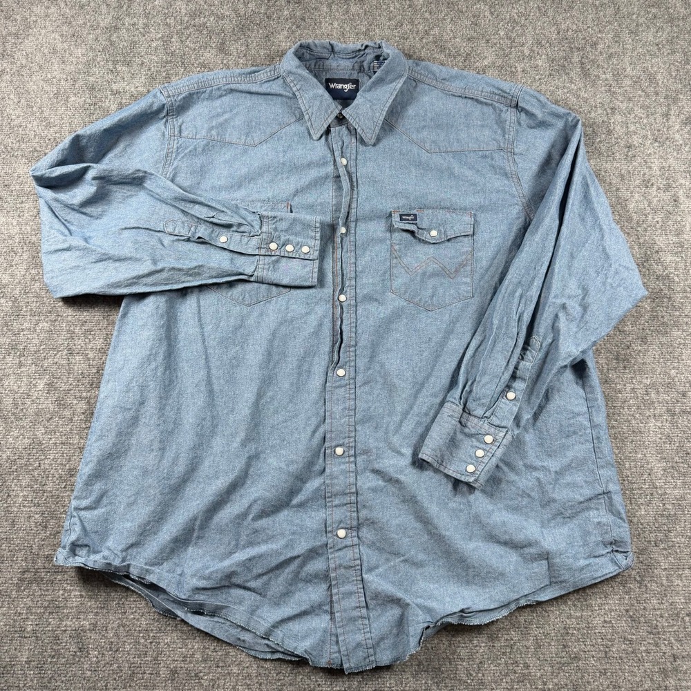 Wrangler Western Shirt Mens 3XT Blue Denim Snap Button Long Sleeve Tall Cowboy